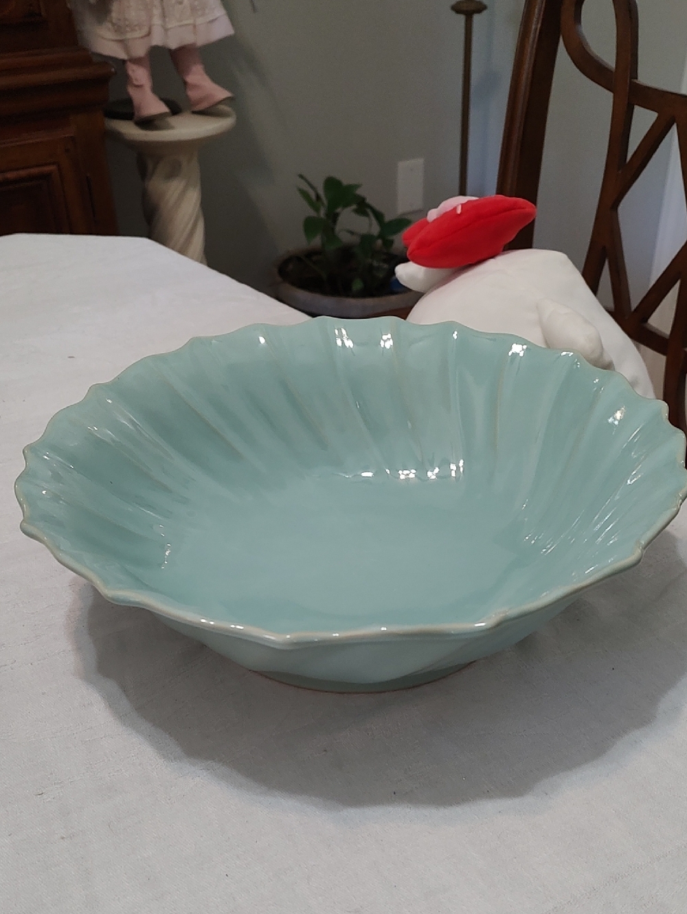 Vietri Incanto Stone Aqua Ruffled Gloss Ceramic Dish with Embossed Logo